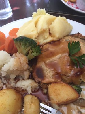 Mushroom wellington with perfectly cooked veg and delicious vegan gravy at The Castle Inn  in Skipton