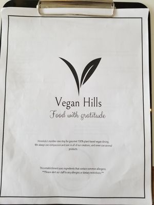 The menu at Vegan Hills in Honolulu