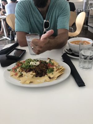Nachos and tomato bisque soup.  at Vegan Hills in Honolulu
