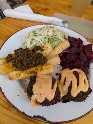 Cauliflower fritters with slaw, yucca fries, and beets at The Canteen  in Provincetown