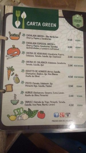 Part of the menu, vegan and vegetarian dishes clearly marked at Green Zone in Gijon