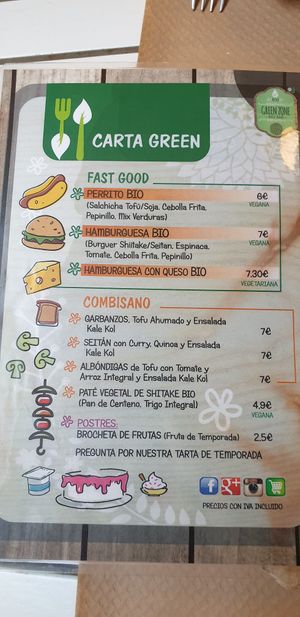 Menu with vegan options clearly labelled at Green Zone in Gijon