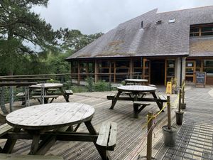 Outdoor seating  at Caffi Caban Cafe in Brynrefail