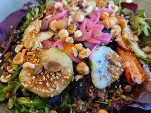 Salad of the Day: Quinoa, Tabbouleh, Salt Roasted Beetroot, Carrot, Hazelnuts, House Pesto, and Pickles. #Veganuary at Caffi Caban Cafe in Brynrefail