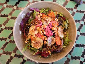 Salad of the Day: Quinoa, Tabbouleh, Salt Roasted Beetroot, Carrot, Hazelnuts, House Pesto, and Pickles. #Veganuary at Caffi Caban Cafe in Brynrefail