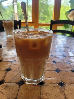 Oat Milk Iced Latte at Caffi Caban Cafe in Brynrefail