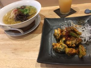 vegan ramen and brocoli chili dish at LBK Craft in Nara