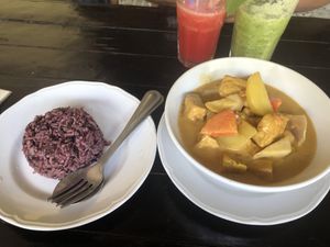 Massaman curry, fresh pineapple lime basil and watermelon juice.  at Tofu Kitchen in Koh Chang