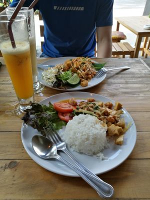 Pad thai and rice with soy strips & tofu at Tofu Kitchen in Koh Chang