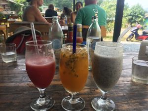 Watermelon, passion fruit, and dragon fruit shakes - so refreshing and w reusable straws! at Tofu Kitchen in Koh Chang