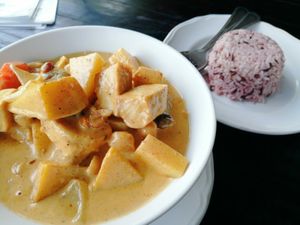 Massaman Curry, potatoes, tofu, soy meat peanuts. 150thb. at Tofu Kitchen in Koh Chang