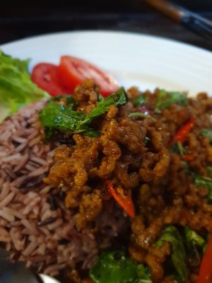 Stir Fried Soy Meat and Basil Leaves with Rice at Tofu Kitchen in Koh Chang