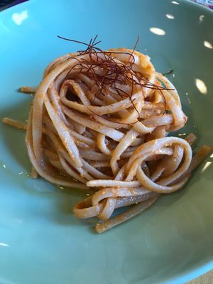 Pasta with red pesto at Cardamomo Cucina Vegana in Arona