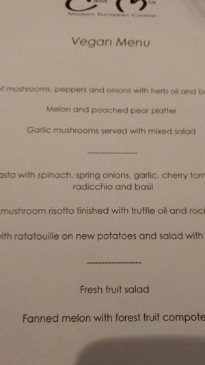 vegan menu at Casa Mia in Dumfries
