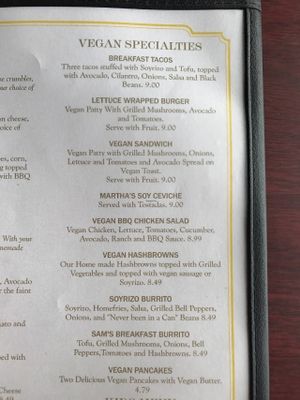 Their vegan menu. Also try the vegan scrAmble that is not listed on the menu. It's amazing! at Aunt Yese's Home Cooking in Garden Grove