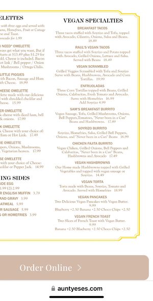 Vegan specialties on the menuu  at Aunt Yese's Home Cooking in Garden Grove