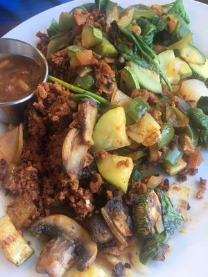 Vegan hash browns. Good flavor but ask for extra hash browns.  at Aunt Yese's Home Cooking in Garden Grove