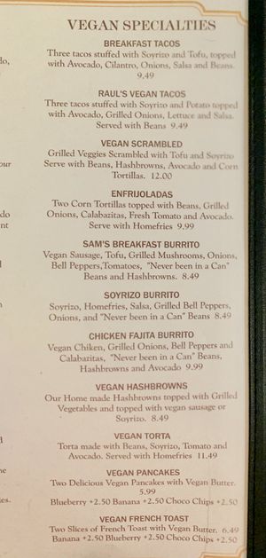 Vegan Menu at Aunt Yese's Home Cooking in Garden Grove