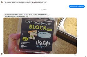 Chat log with Sowa on facebook, confirming what kind of cheese they use for their vegan pizzas at Sowa in Bydgoszcz