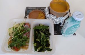 The whole menu with two different salads and a squash soup (i took a coconut water as well) at Wegeguru in Warsaw