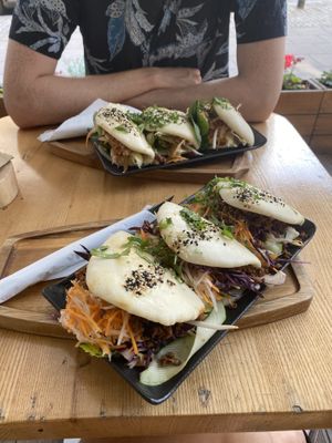 Bao buns with vegan beef and vegan chicken at Wegeguru in Warsaw