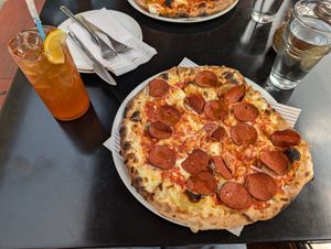 Vegan pepperoni pizza at Stoked Wood Fired Pizza in Brookline