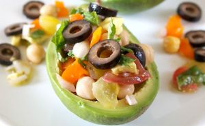 Palta Rellena, Stuffed Avocados with olives, peppers, cherry tomatoes, onions and garbanzo. All fresh seasonal and organic vegetables. at Sabor Peruano in Santa Fe