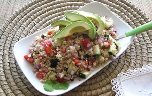 
 ENSALADA DE QUINUA (Organic Quinoa Salad) cherry tomato, quinoa, avocado, red bell pepper, parmesan cheese and Peruvian vinaigrette. One main ingredient is of course the quinoa, the “mother of all grains”, and a pre-Hispanic staple food. at Sabor Peruano in Santa Fe