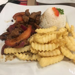 Seitan with rice and fries- really good at Sabor Peruano in Santa Fe