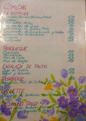 Small part of menu. at Cafe Tango in Samaipata