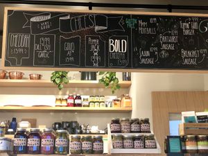 Menu and pickles/relishes to go  at The Very Good Butchers in Victoria