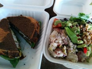 roast beast sandwich and half potato salad/half wild greens salad at The Very Good Butchers in Victoria