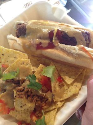 The Dawg with side Nachos at The Very Good Butchers in Victoria