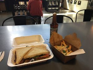 Gblt with tempeh bacon & avo and a side of poutine with a root beer at The Very Good Butchers in Victoria