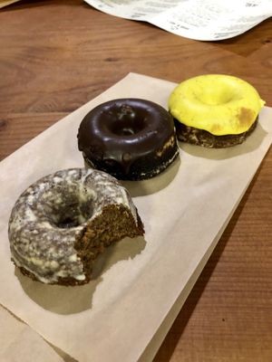 Vanilla, chocolate, and carrot cake donuts! If you love dark chocolate, get the chocolate glazed!! at The Very Good Butchers in Victoria
