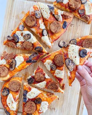 Pizza with sausages at The Very Good Butchers in Victoria