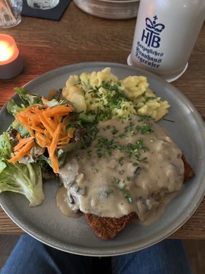 Vegan Schnitzel with potato salad side. Also, Tegernseer Lager   at SIGGIS v/gan dine & co. in Munich