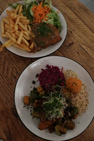 oben Crispy ("Jägerschnitzel"), unten Tasty (Graupenrisotto) at SIGGIS v/gan dine & co. in Munich