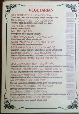 Veg. page in the menu at Nocturnal Artist in Hoi An