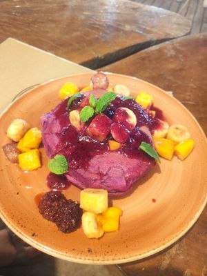 Pink pancake.. not good 🤢 I think the topping was bad, but they told us is the correct flavour at SHAKA - Bohol in Panglao