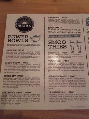power bowl and smoothies menu at SHAKA - Bohol in Panglao