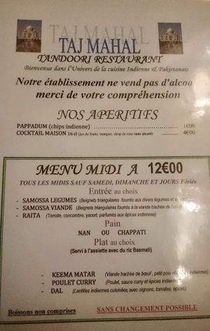 Taj Mahal lunch menu at Taj Mahal in Annecy