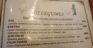 Plats principaux / main courses (vegetarian - 2 vegan options if ordered without ghee nor rice) at Taj Mahal in Annecy