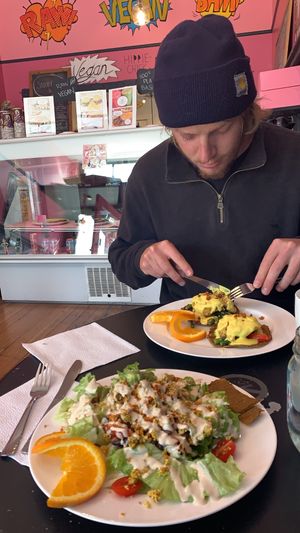 Such a cool cafe, love the pink! Yummy food, reasonably priced! Quick service and the owner was so so lovely  at Vegan Hippie-Chick Cafe in Victoria