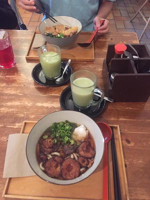 Shiitake and tofu udon, vegan matcha latte and their famous shiso lemonade at Nobiko in Cologne