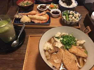 Kake Udon with extra mushrooms and tofu in the front,
Tempura Teishoku in the back. at Nobiko in Cologne