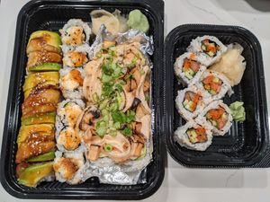 Left to right: green dragon roll, vegan baked spicy scallop roll, gogo roll, vegan spicy tuna roll at Kiku Sushi in Berkeley