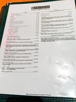 Vegetarian menu (page 2 of 2) at Kiku Sushi at Kiku Sushi in Berkeley
