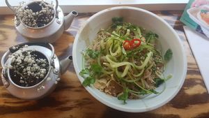 Vegan tofu salad with rice noodles and peanut sauce at mamalan - Clapham in South West London