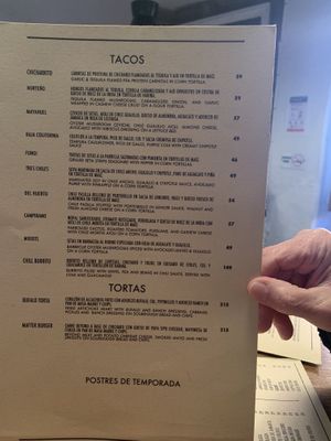Menu - divide the price by 10. Then divide in half to get an idea of the price is US dollars   at Don Taco Tequila in San Miguel De Allende
